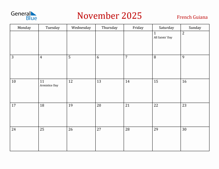 French Guiana November 2025 Calendar - Monday Start