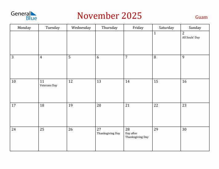 Guam November 2025 Calendar - Monday Start