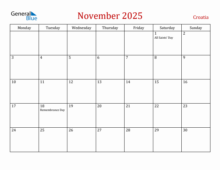 Croatia November 2025 Calendar - Monday Start