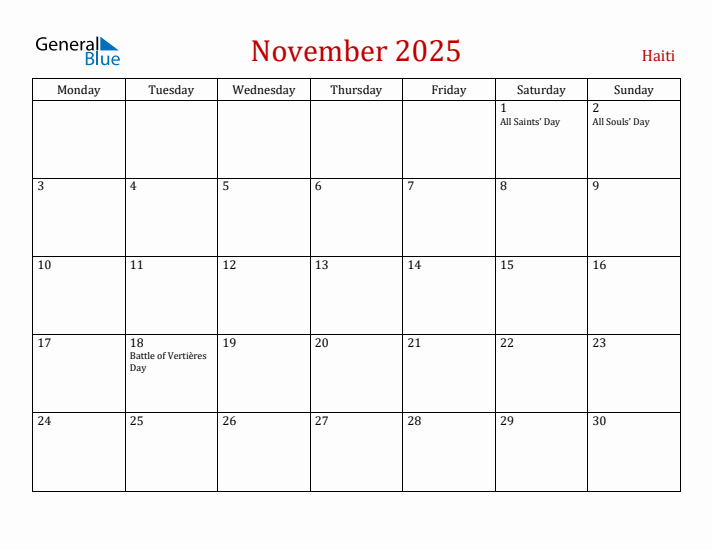 Haiti November 2025 Calendar - Monday Start