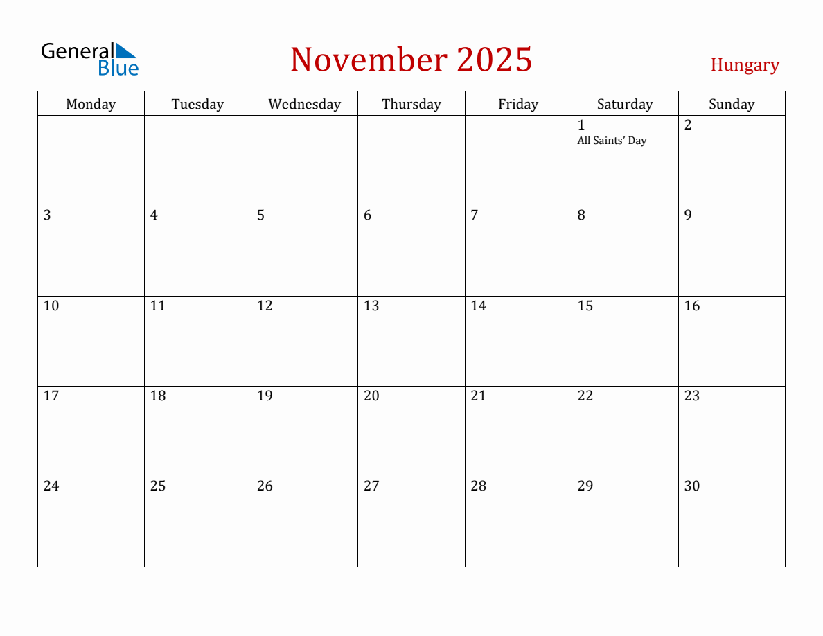 November 2025 Hungary Monthly Calendar with Holidays