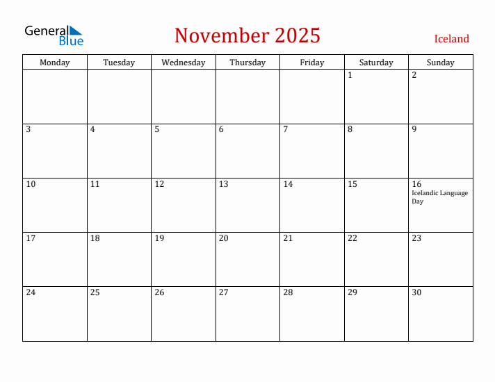 Iceland November 2025 Calendar - Monday Start