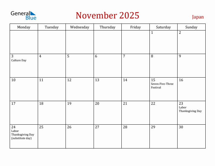 Japan November 2025 Calendar - Monday Start