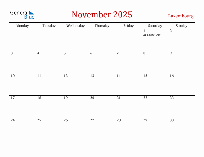 Luxembourg November 2025 Calendar - Monday Start
