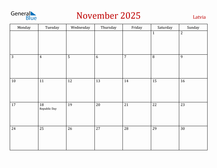 Latvia November 2025 Calendar - Monday Start