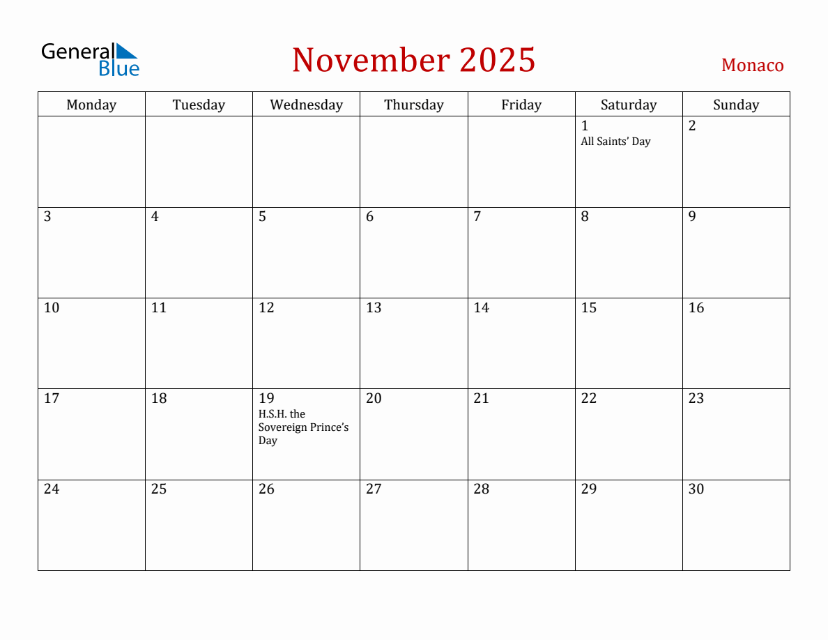 November 2025 Monaco Monthly Calendar with Holidays