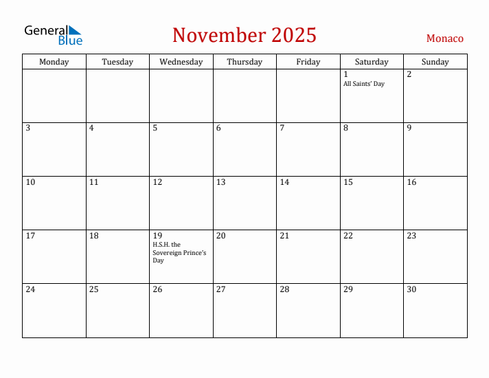 Monaco November 2025 Calendar - Monday Start