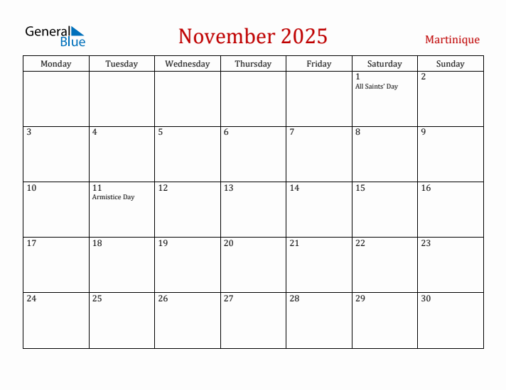 Martinique November 2025 Calendar - Monday Start