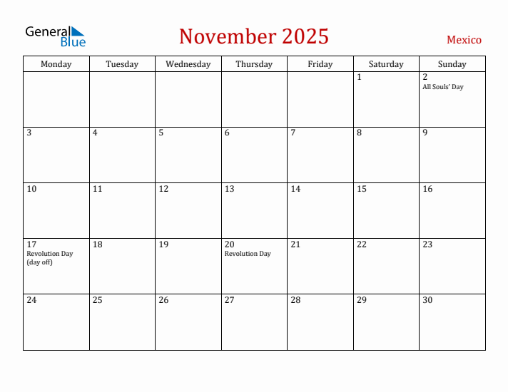 Mexico November 2025 Calendar - Monday Start