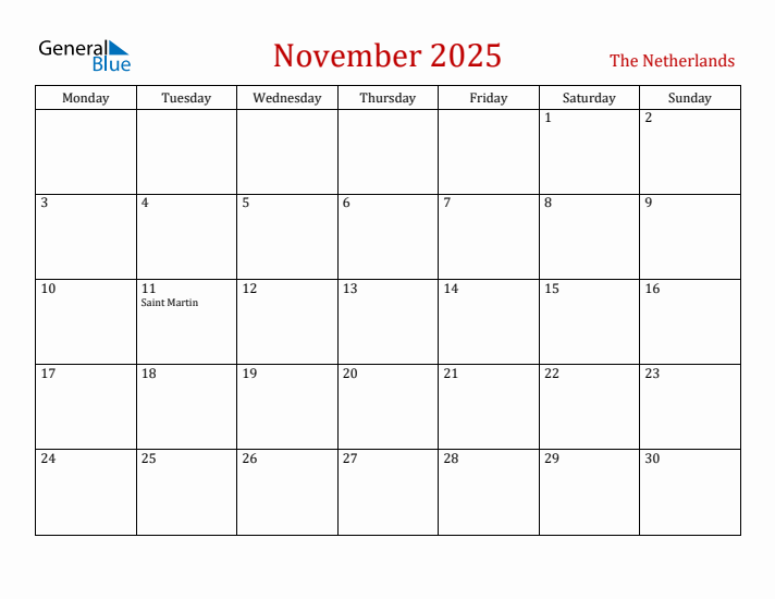 The Netherlands November 2025 Calendar - Monday Start