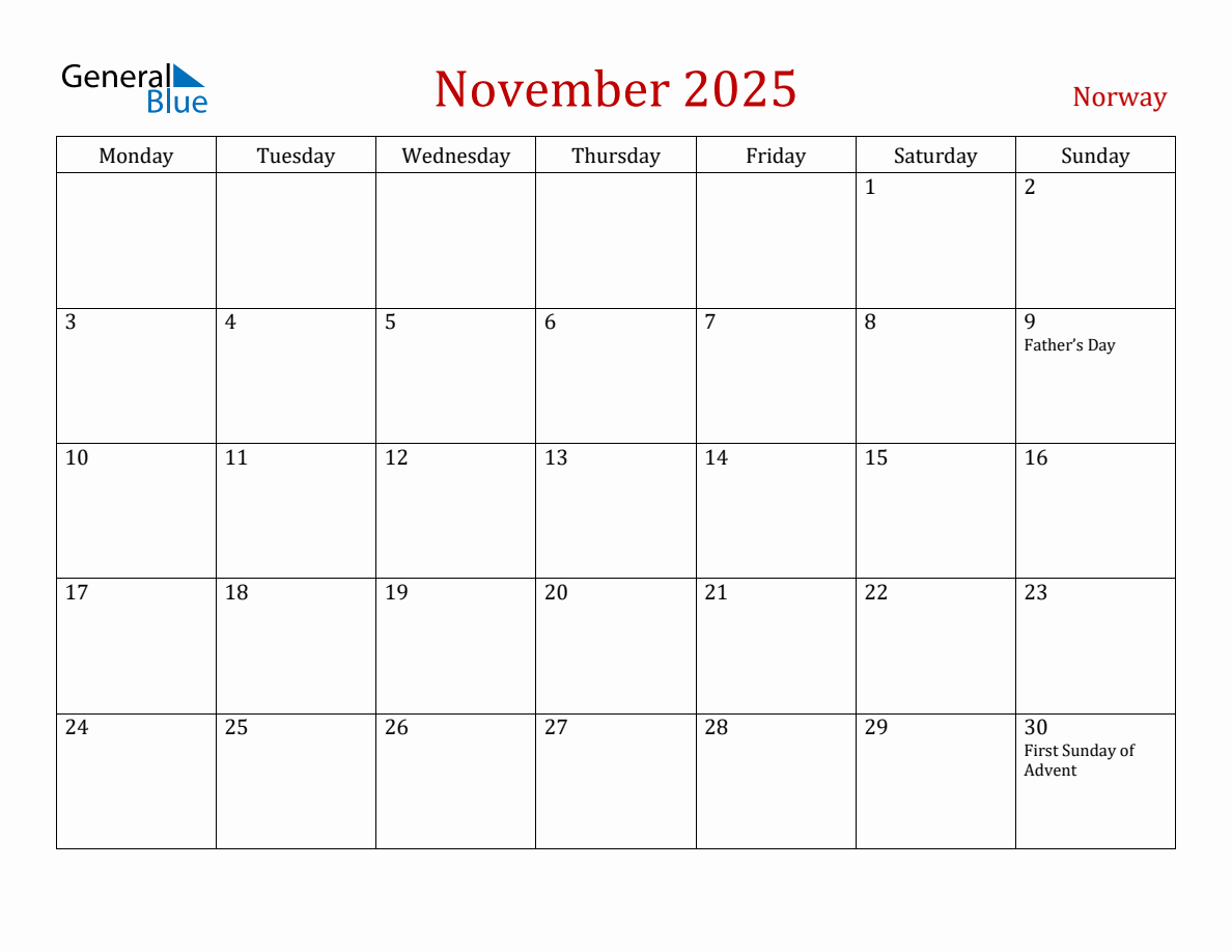 November 2025 Norway Monthly Calendar with Holidays