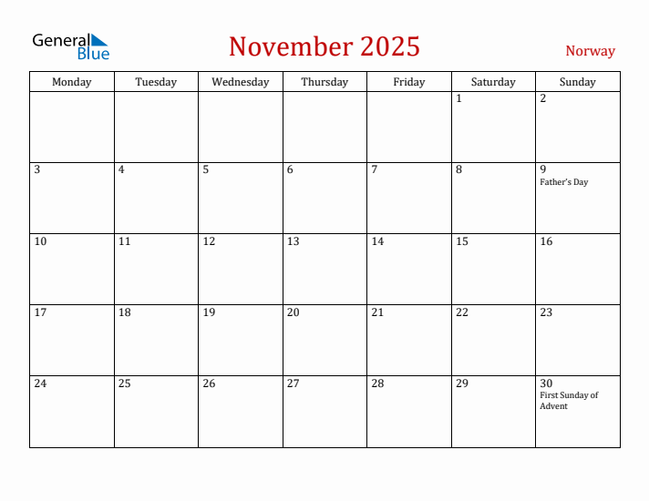 Norway November 2025 Calendar - Monday Start