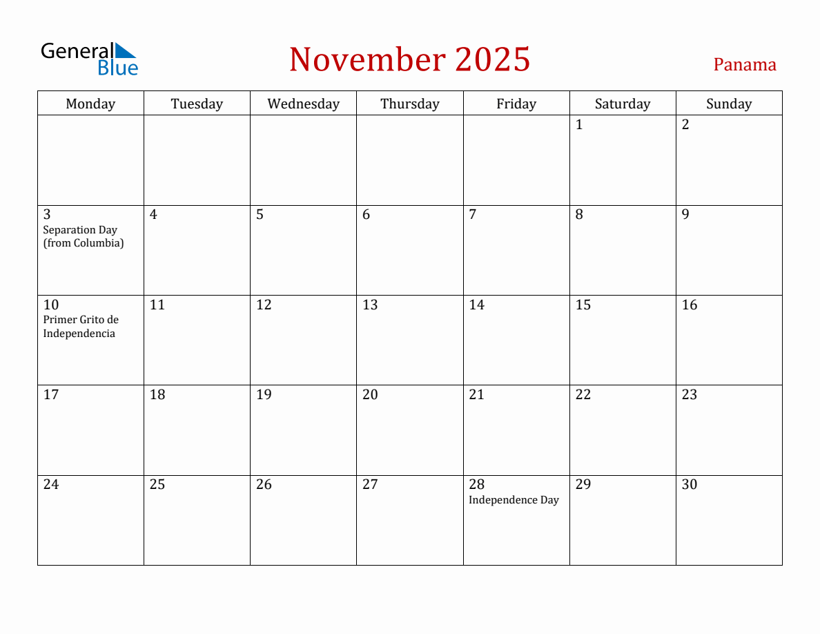 November 2025 Panama Monthly Calendar with Holidays