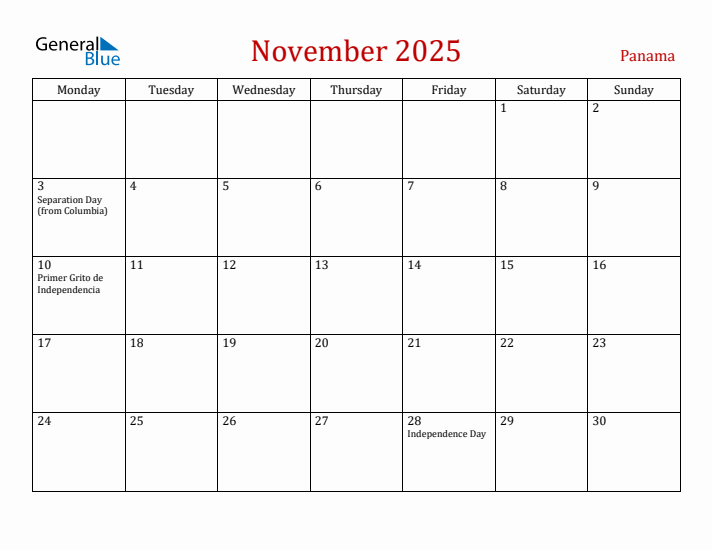 Panama November 2025 Calendar - Monday Start