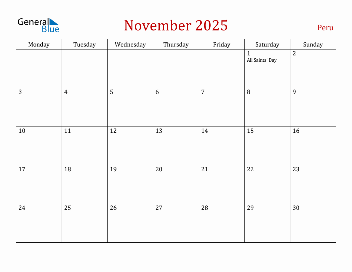 November 2025 Peru Monthly Calendar with Holidays