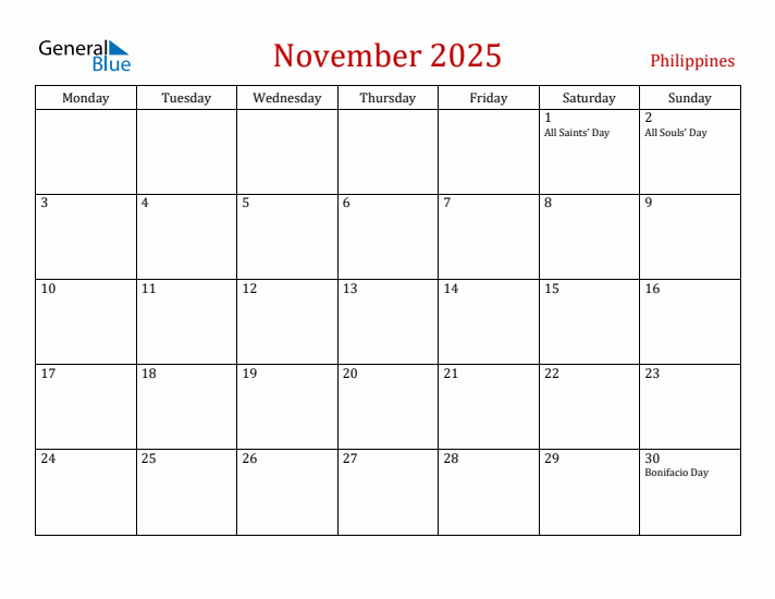Philippines November 2025 Calendar - Monday Start