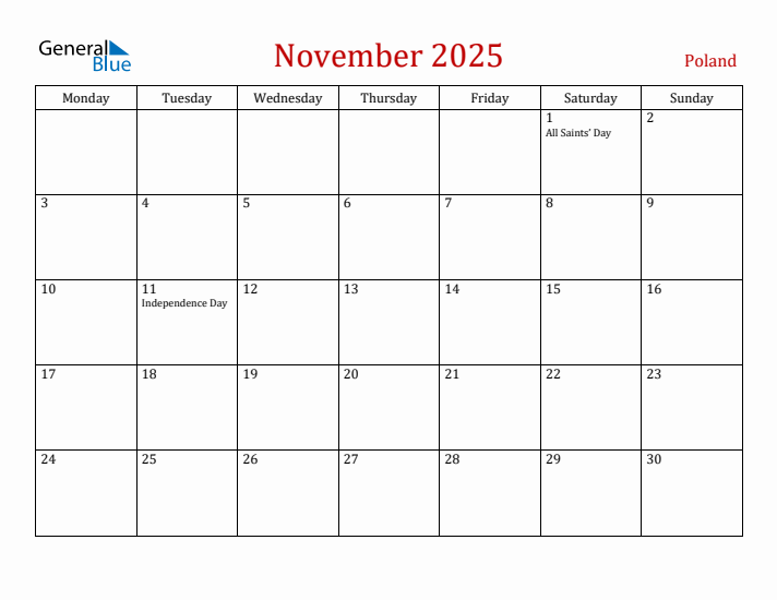 Poland November 2025 Calendar - Monday Start