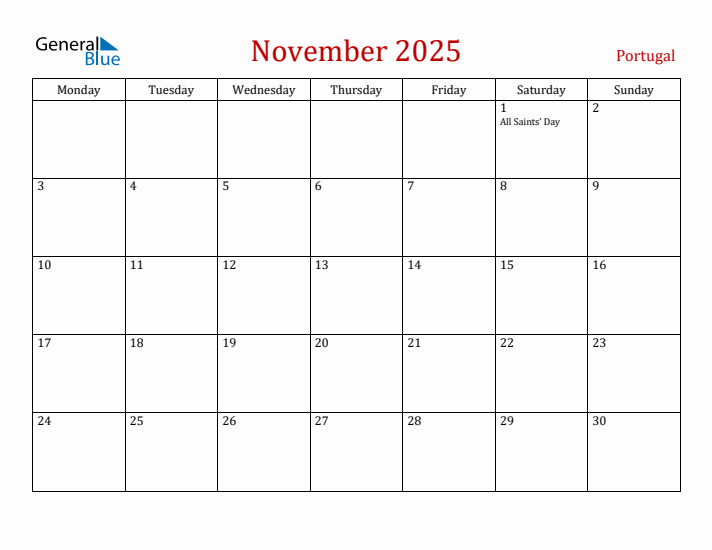 Portugal November 2025 Calendar - Monday Start
