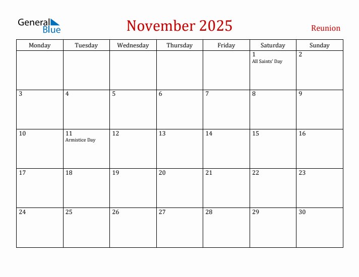 Reunion November 2025 Calendar - Monday Start