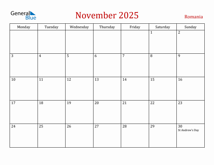 Romania November 2025 Calendar - Monday Start