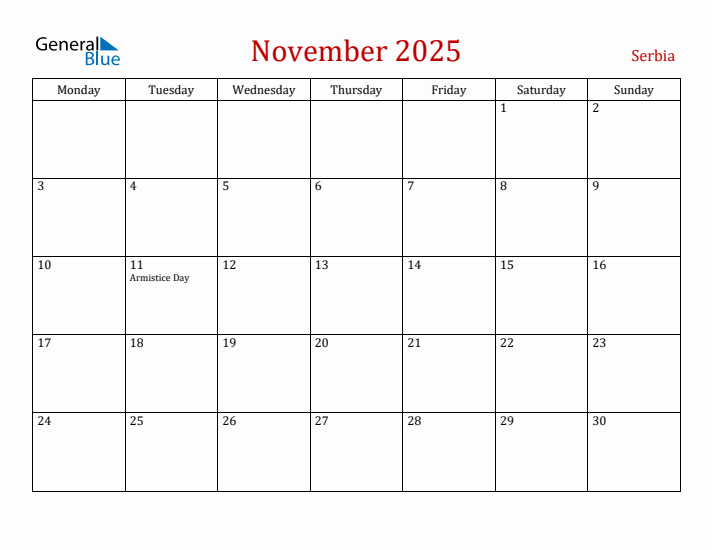 Serbia November 2025 Calendar - Monday Start