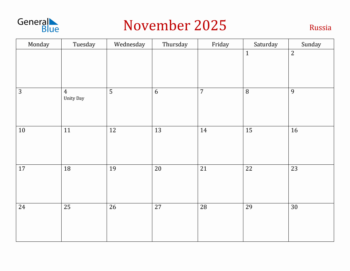 November 2025 Russia Monthly Calendar with Holidays