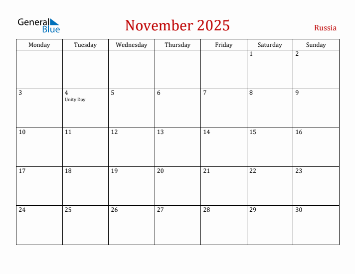 Russia November 2025 Calendar - Monday Start