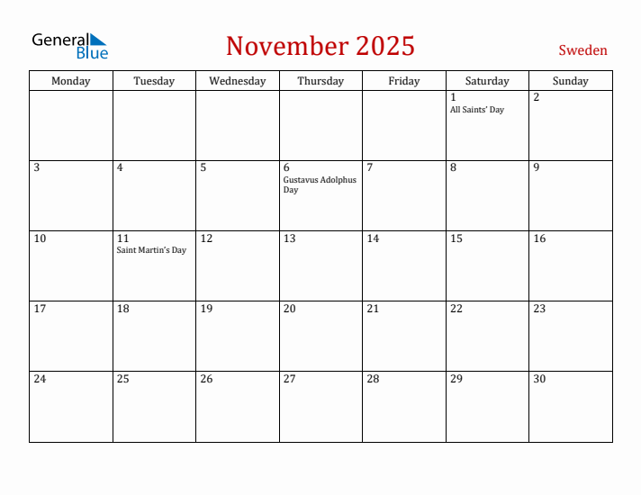 Sweden November 2025 Calendar - Monday Start