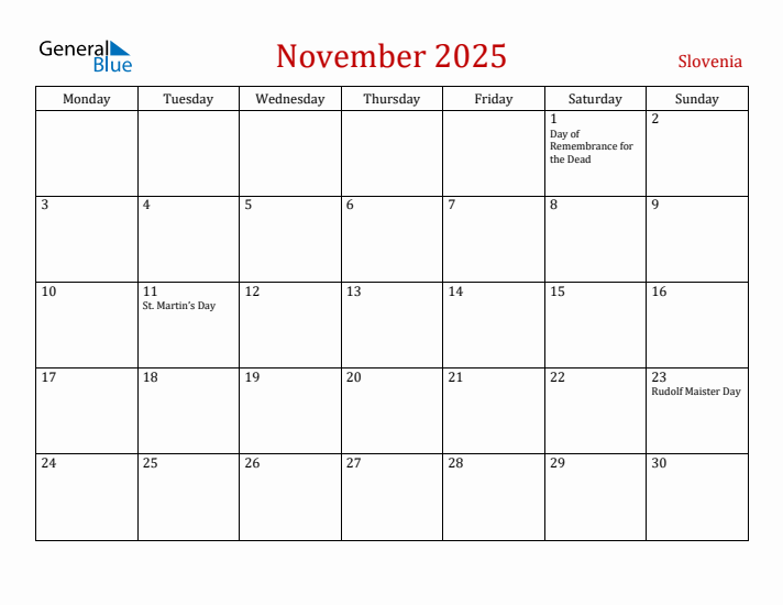 Slovenia November 2025 Calendar - Monday Start