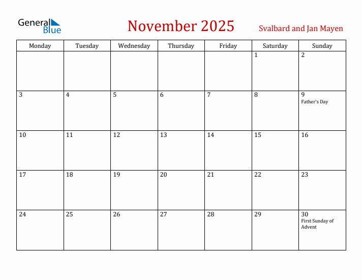 Svalbard and Jan Mayen November 2025 Calendar - Monday Start