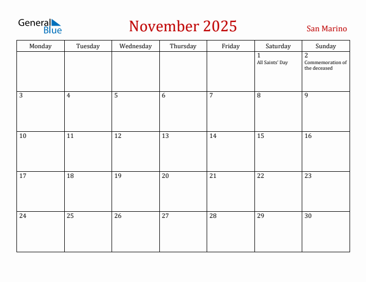 San Marino November 2025 Calendar - Monday Start