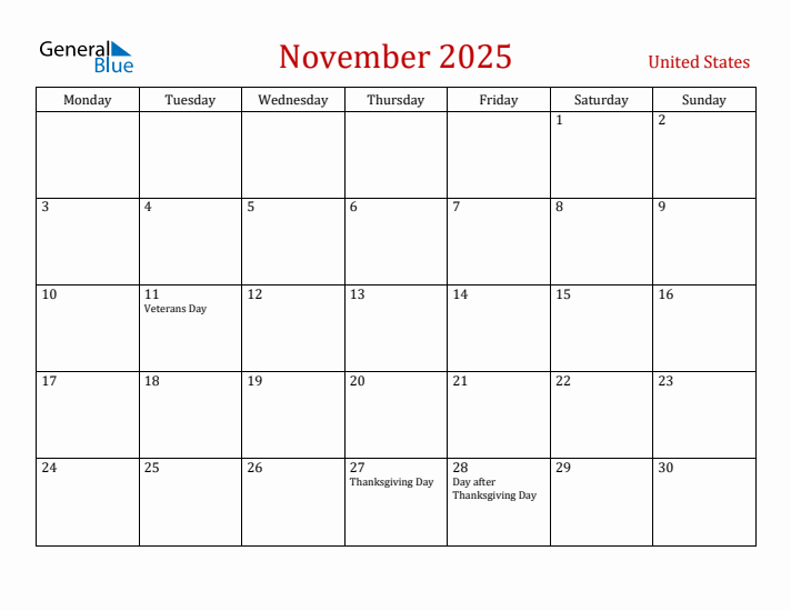 United States November 2025 Calendar - Monday Start