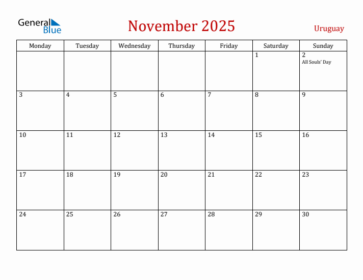 Uruguay November 2025 Calendar - Monday Start