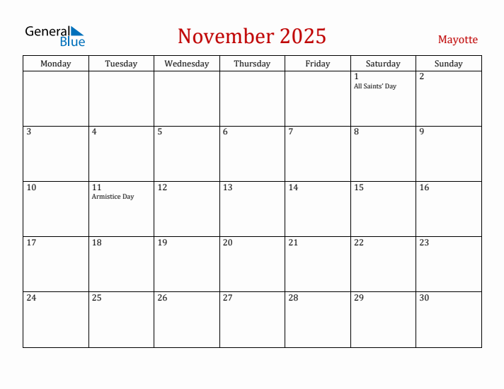 Mayotte November 2025 Calendar - Monday Start