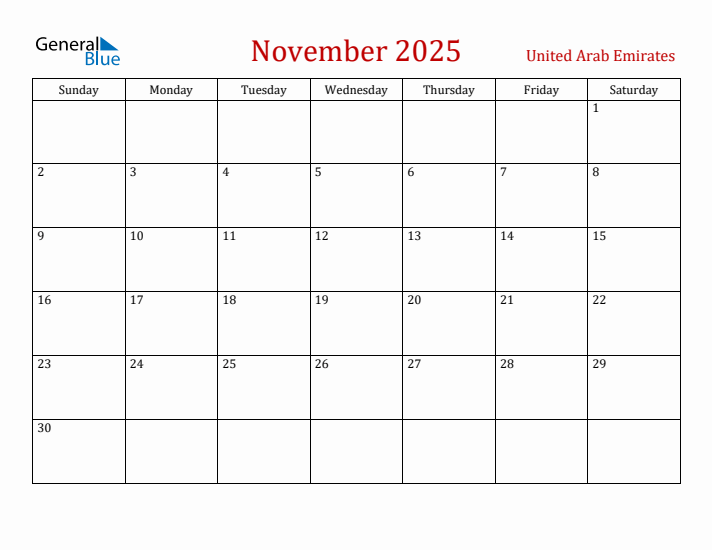 United Arab Emirates November 2025 Calendar - Sunday Start