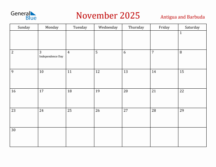 Antigua and Barbuda November 2025 Calendar - Sunday Start