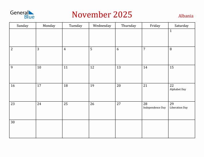 Albania November 2025 Calendar - Sunday Start