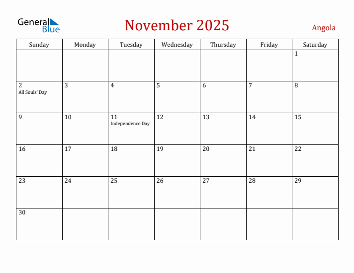 Angola November 2025 Calendar - Sunday Start