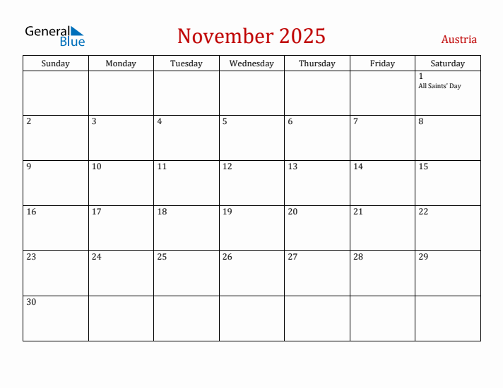 Austria November 2025 Calendar - Sunday Start