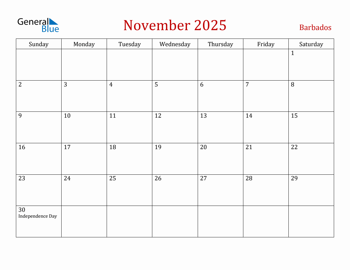 November 2025 Barbados Monthly Calendar with Holidays