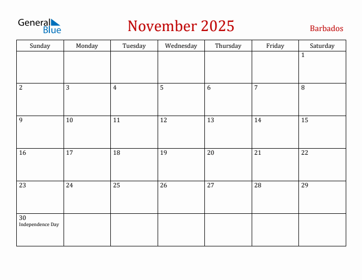Barbados November 2025 Calendar - Sunday Start