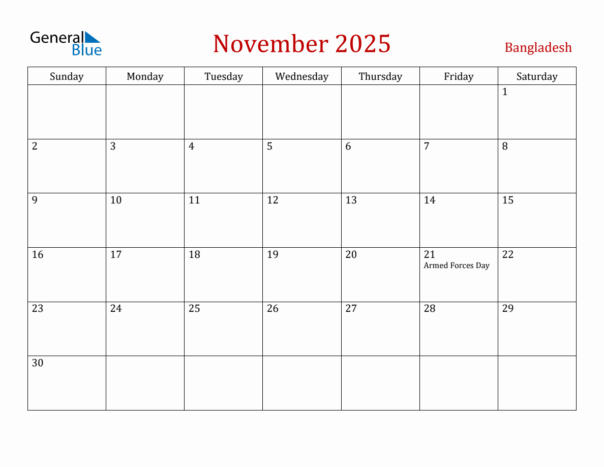 November 2025 Bangladesh Monthly Calendar with Holidays