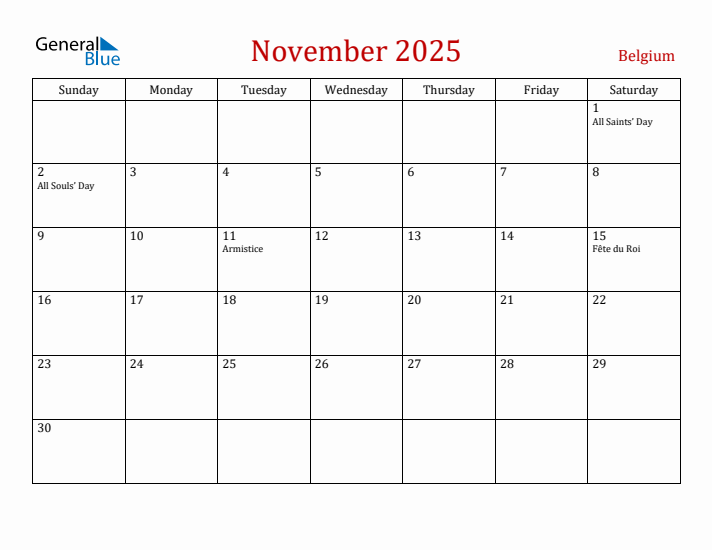 Belgium November 2025 Calendar - Sunday Start