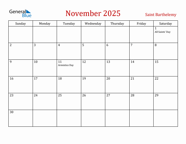 Saint Barthelemy November 2025 Calendar - Sunday Start