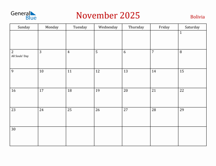 Bolivia November 2025 Calendar - Sunday Start