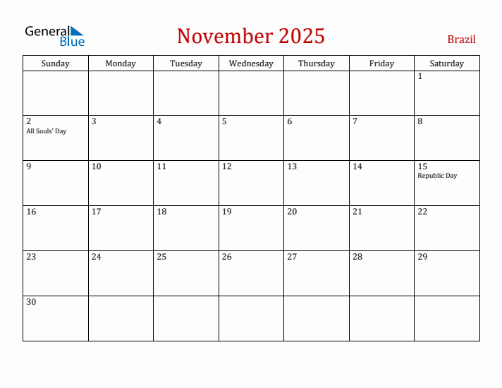 Brazil November 2025 Calendar - Sunday Start