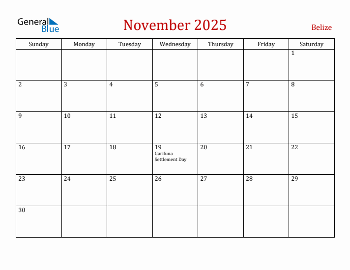 Belize November 2025 Calendar - Sunday Start