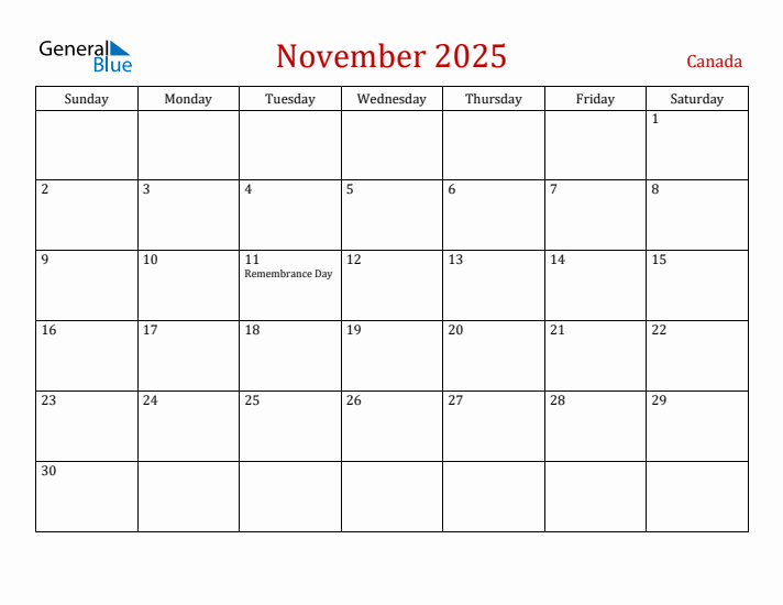 Canada November 2025 Calendar - Sunday Start
