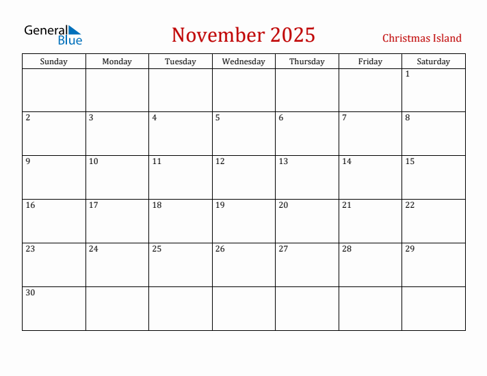 Christmas Island November 2025 Calendar - Sunday Start