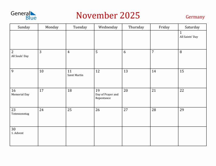 Germany November 2025 Calendar - Sunday Start